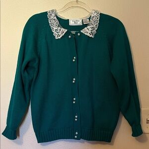 Teal Cardigan with Lace Collar